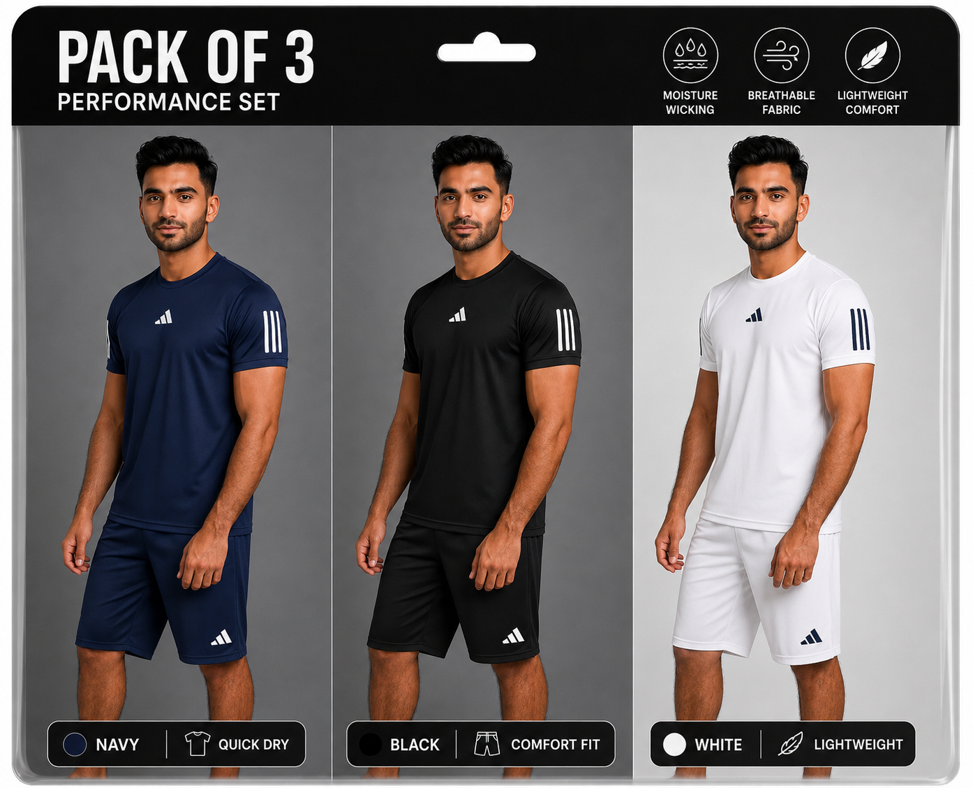 PACK OF 3 Adi Dri-Fit T-Shirt & Shorts Set NAVY BLACK WHITE