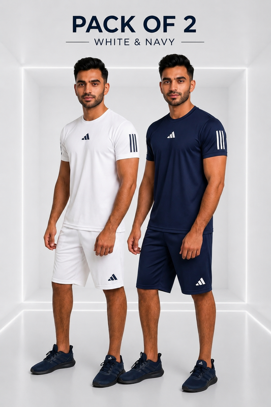 PACK OF 2 Adi Dri-Fit T-Shirt & Shorts Set White & Navy+ FREE 2 ARM SET