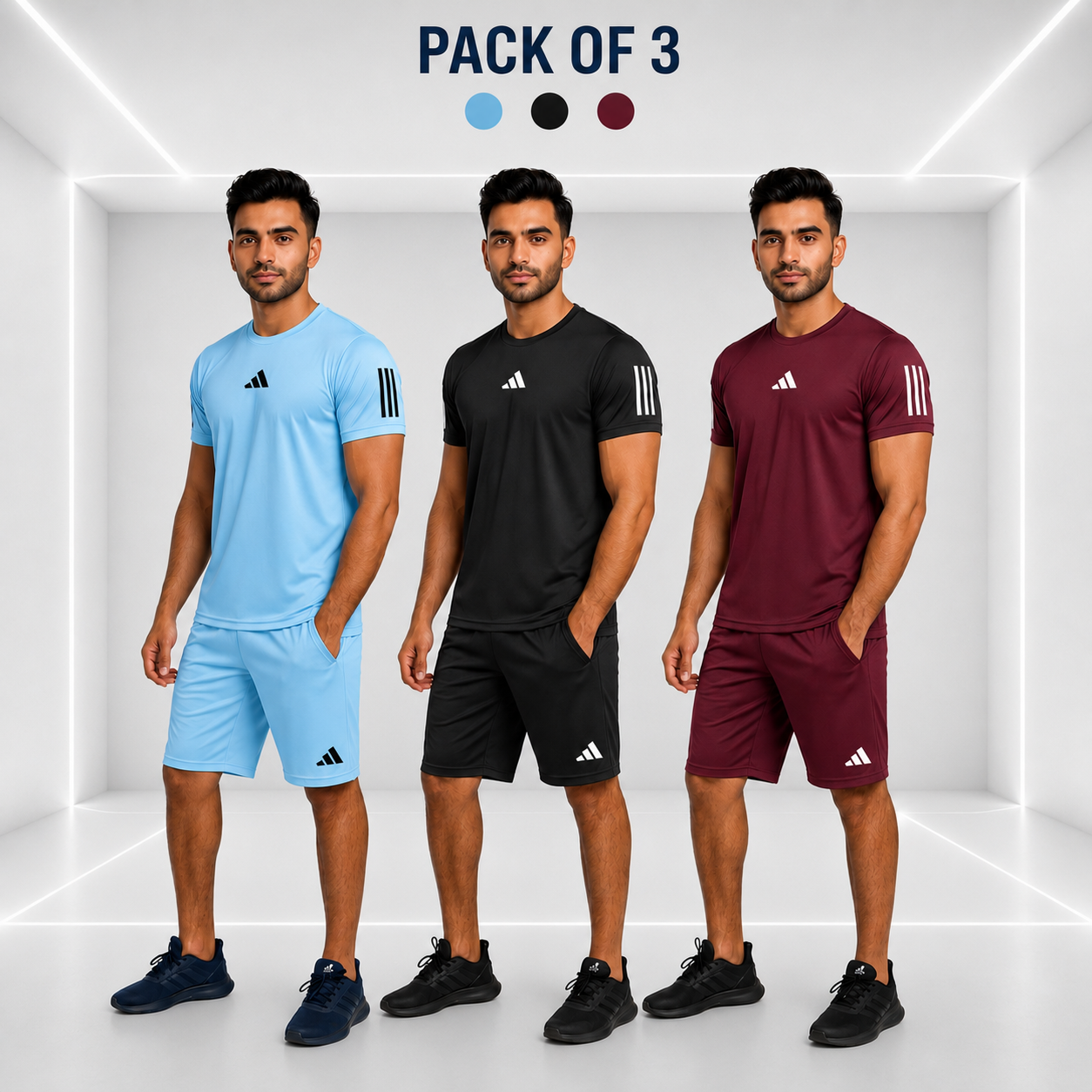 PACK OF 3 Adi Dri-Fit T-Shirt & Shorts Set Sky Black Meroon + FREE 2 ARM SET