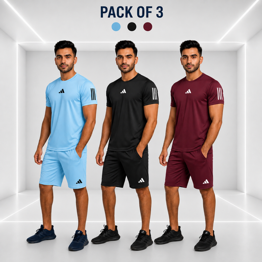 PACK OF 3 Adi Dri-Fit T-Shirt & Shorts Set Sky Black Meroon + FREE 2 ARM SET