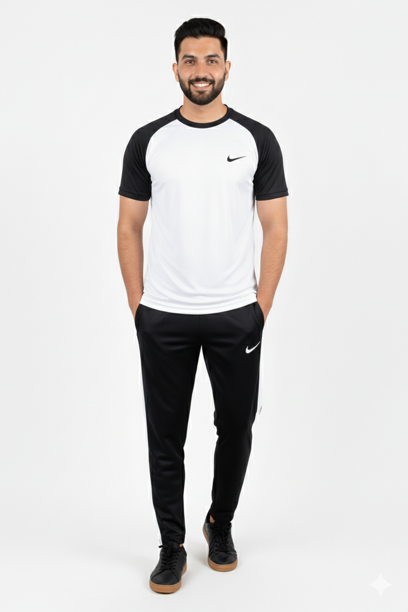 Nik Premium White Black Tracksuit + Free Arm Set - Summer