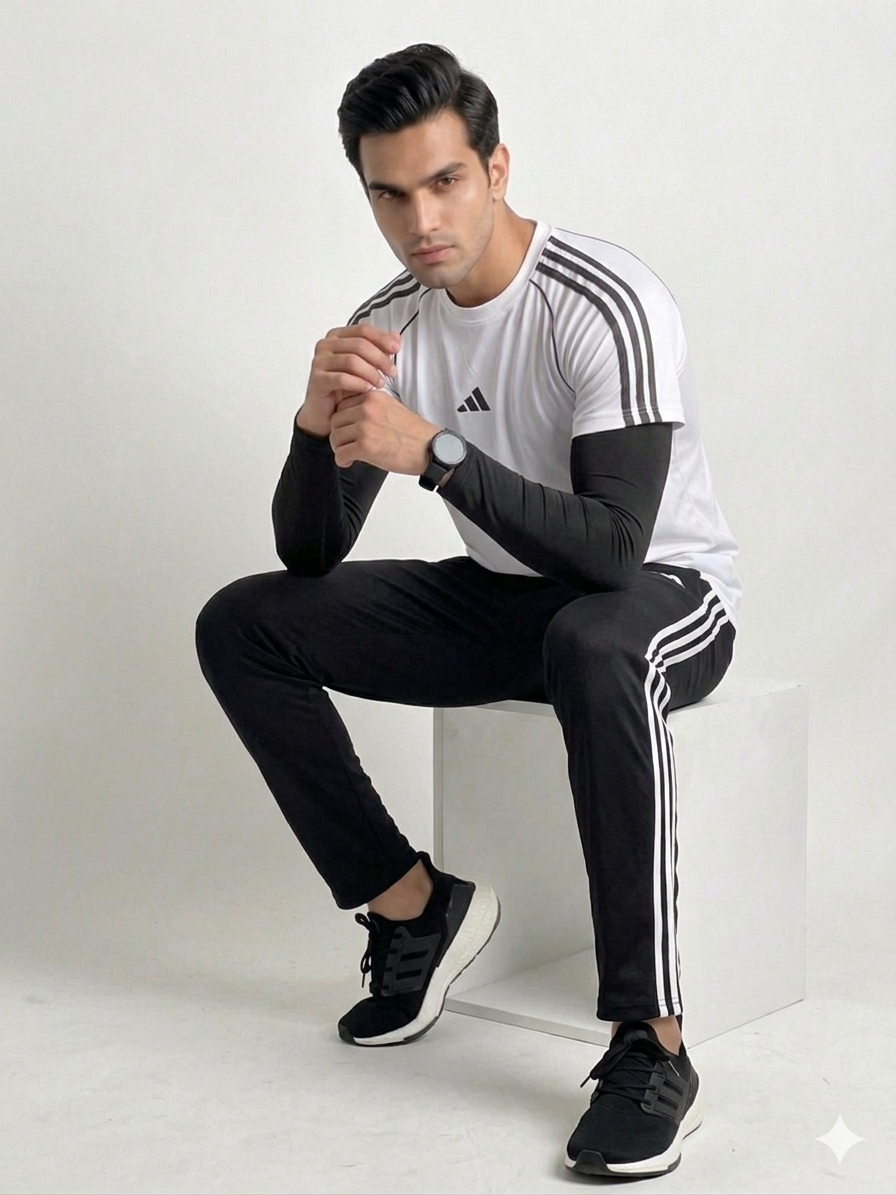 Adi Premium White Tri-Liner Tracksuit + Free Arm Set - Summer