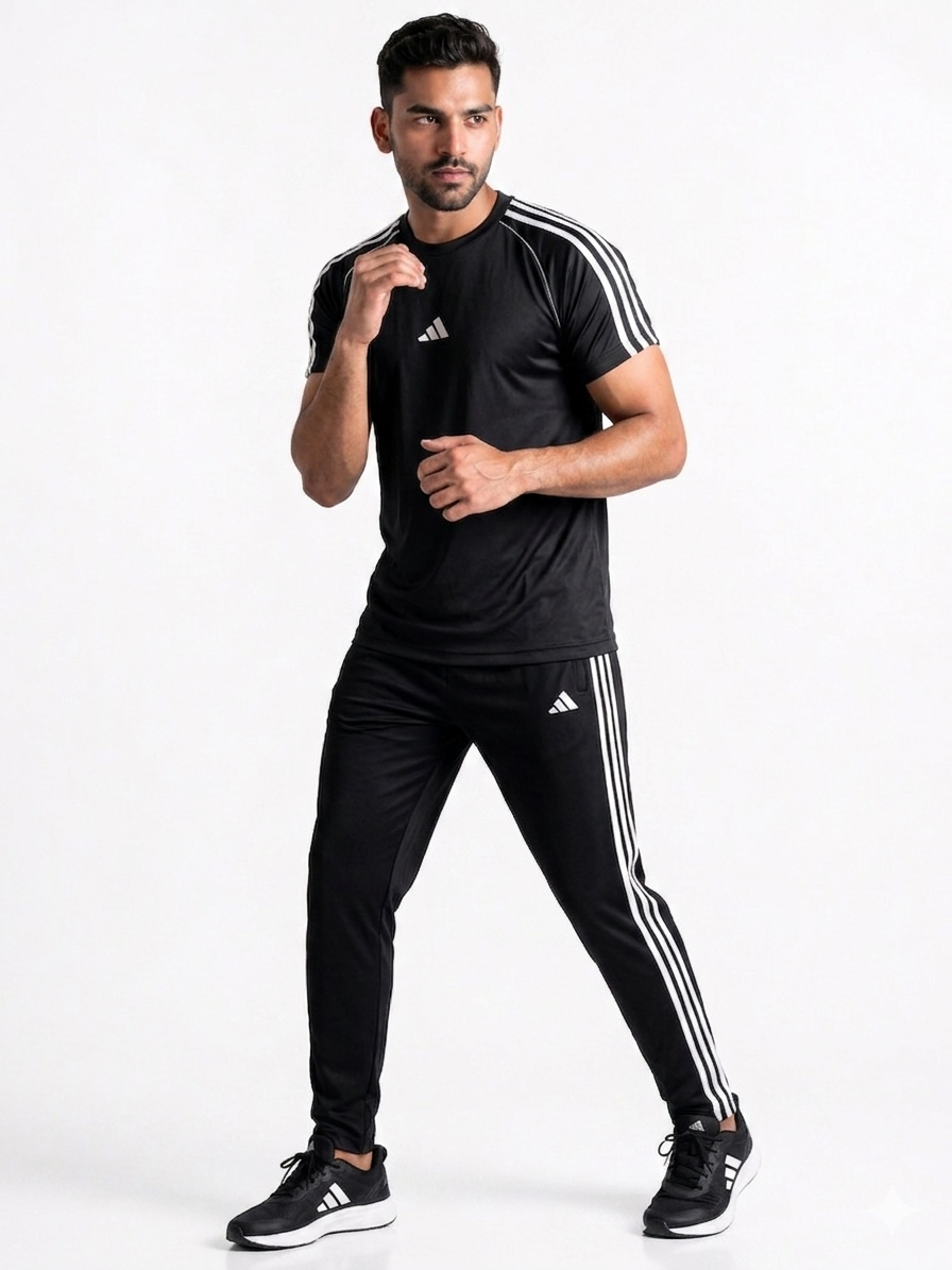 Adi Premium Black Tri-Liner Tracksuit + Free Arm Set - Summer