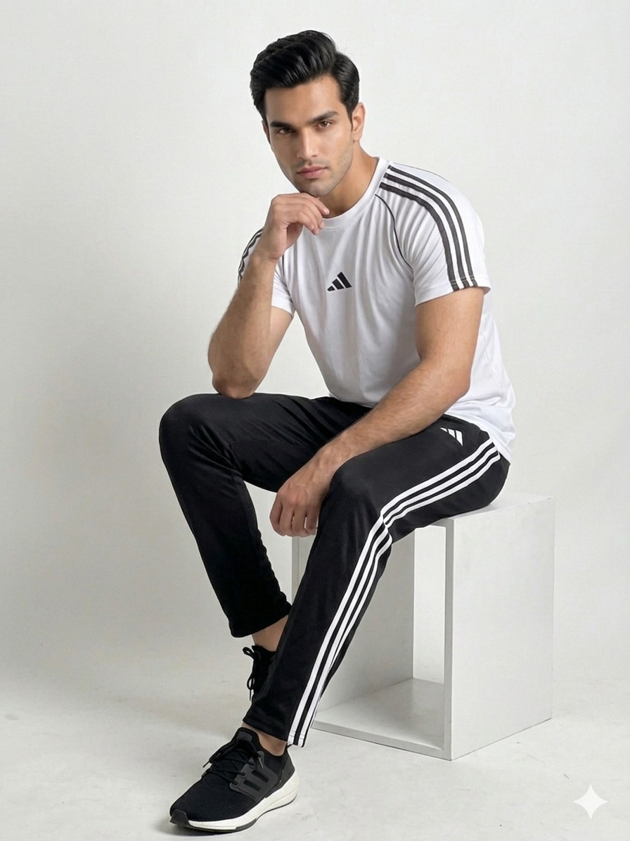 Adi Premium White Tri-Liner Tracksuit + Free Arm Set - Summer