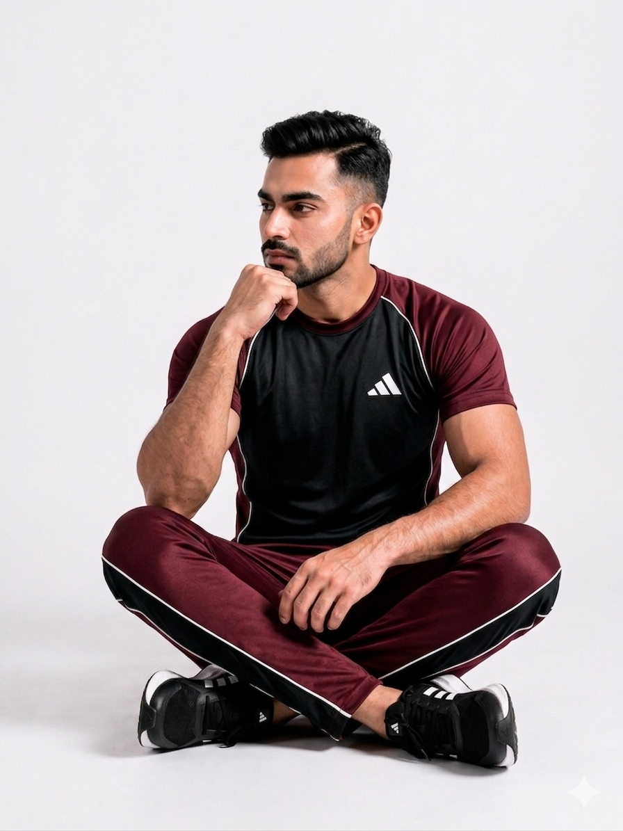 Adi Premium Maroon Tracksuit + Free Arm Set - Summer