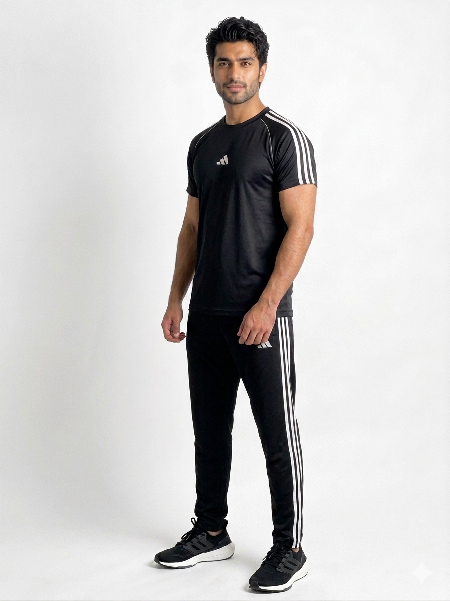 Adi Premium Black Tri-Liner Tracksuit + Free Arm Set - Summer