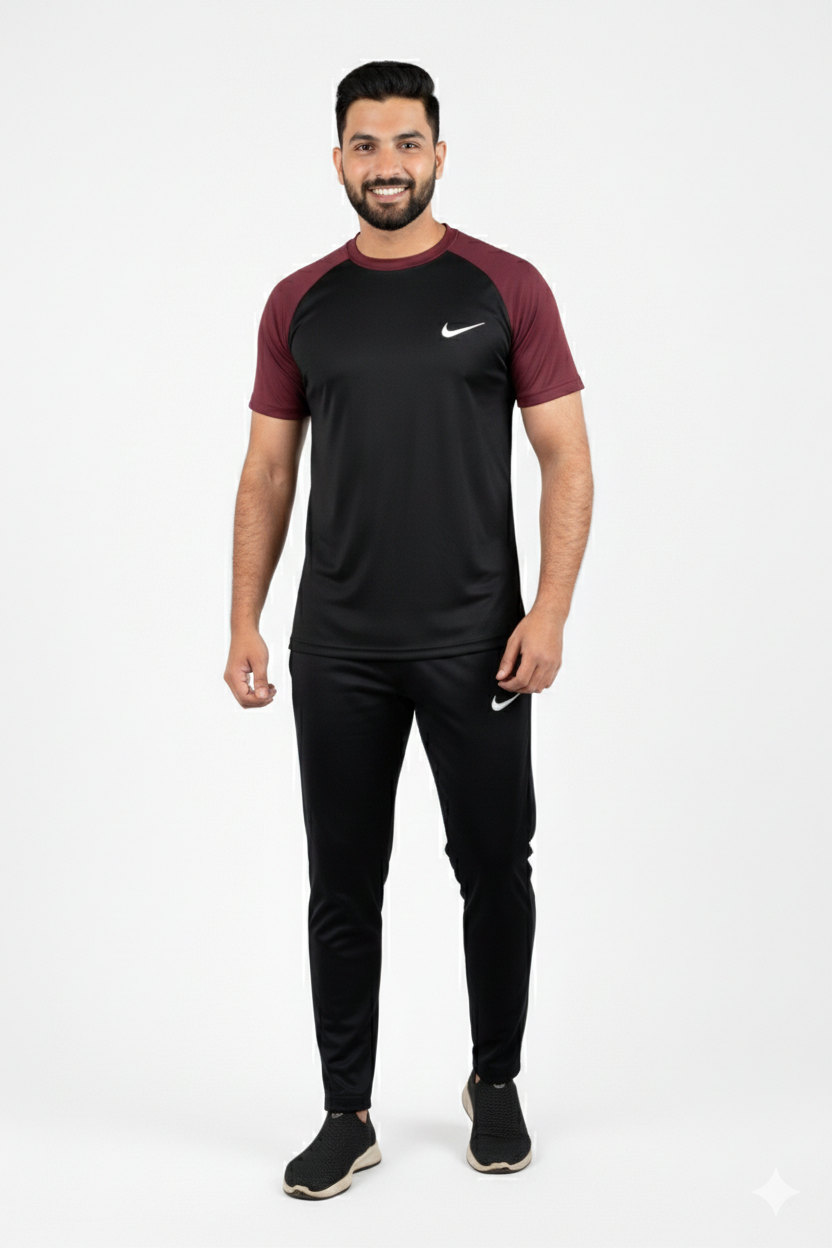 Nik Premium Black Meroon Tracksuit + Free Arm Set - Summer
