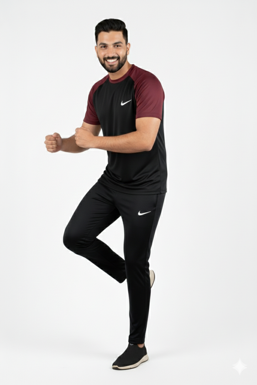 Nik Premium Black Meroon Tracksuit + Free Arm Set - Summer