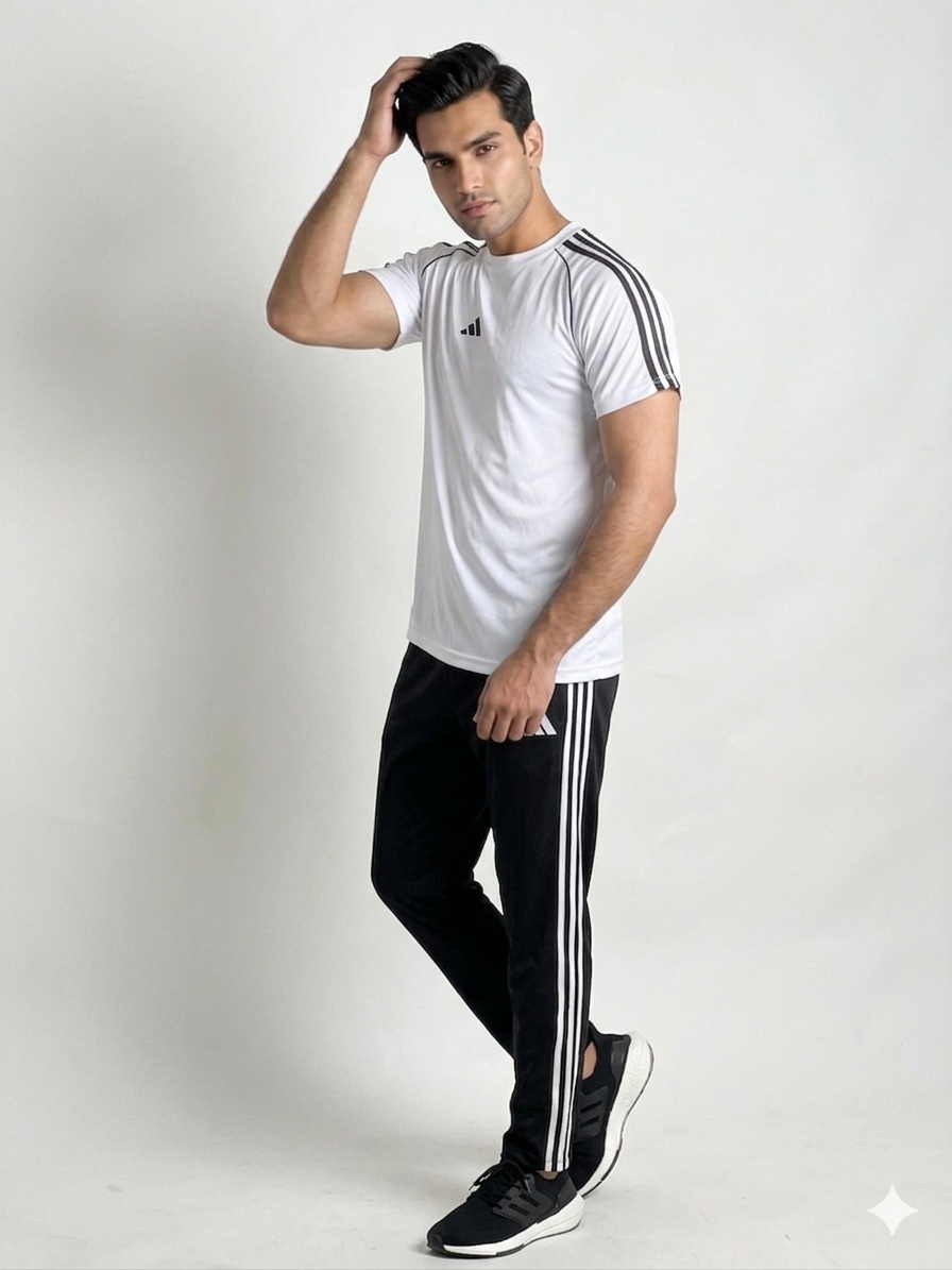 Adi Premium White Tri-Liner Tracksuit + Free Arm Set - Summer