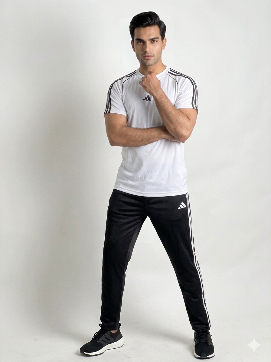 Adi Premium White Tri-Liner Tracksuit + Free Arm Set - Summer
