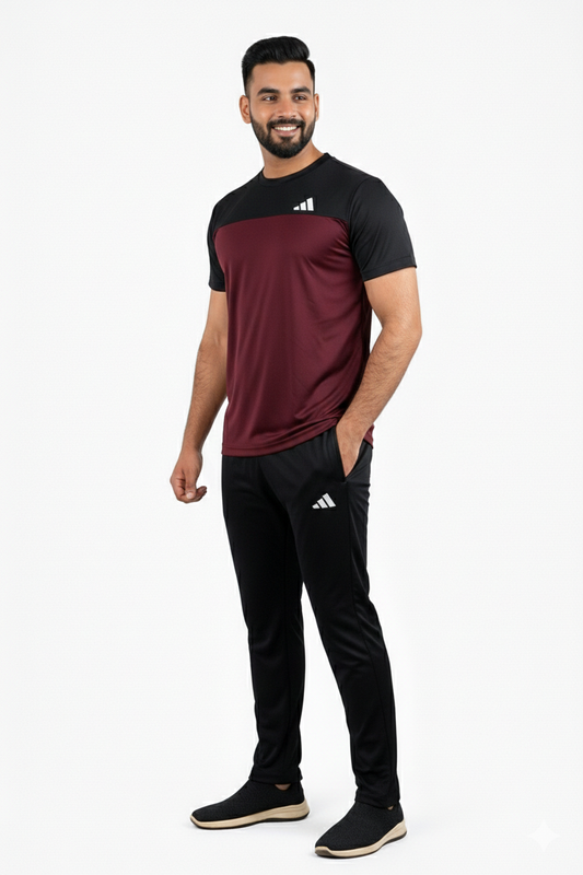 Adi Premium Maroon Black Tracksuit + Free Arm Set - Summer