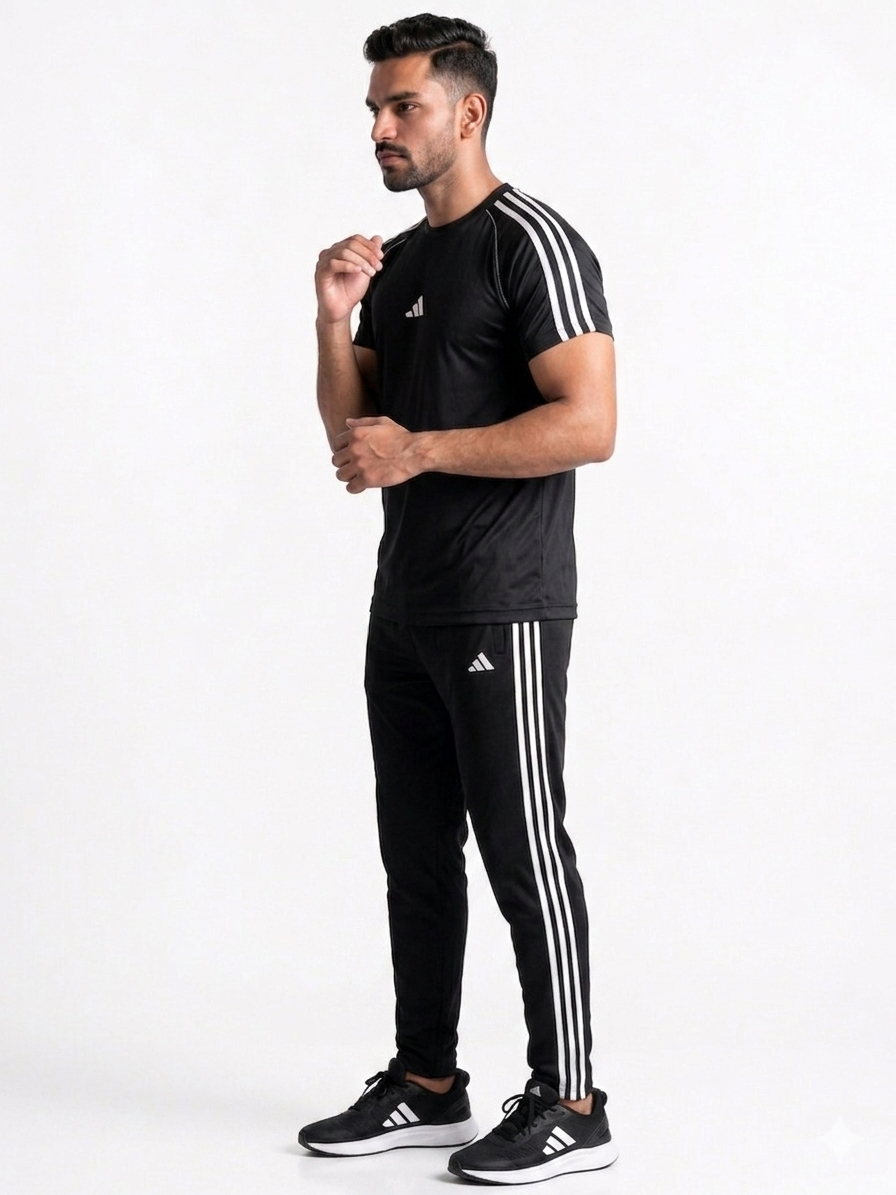 Adi Premium Black Tri-Liner Tracksuit + Free Arm Set - Summer