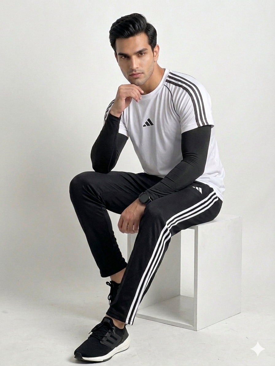 Adi Premium White Tri-Liner Tracksuit + Free Arm Set - Summer
