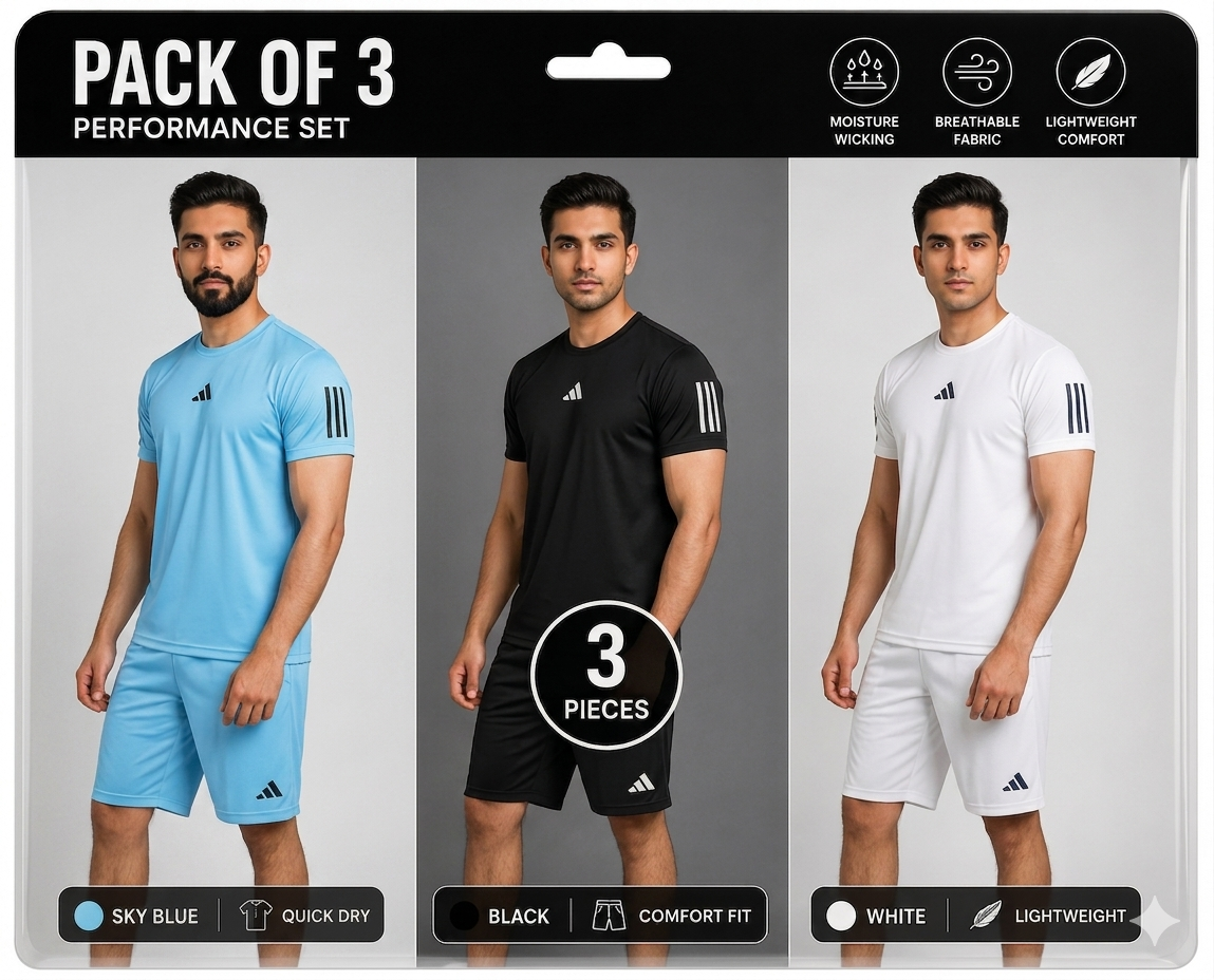PACK OF 3 Adi Dri-Fit T-Shirt & Shorts Set SKY WHITE BLACK
