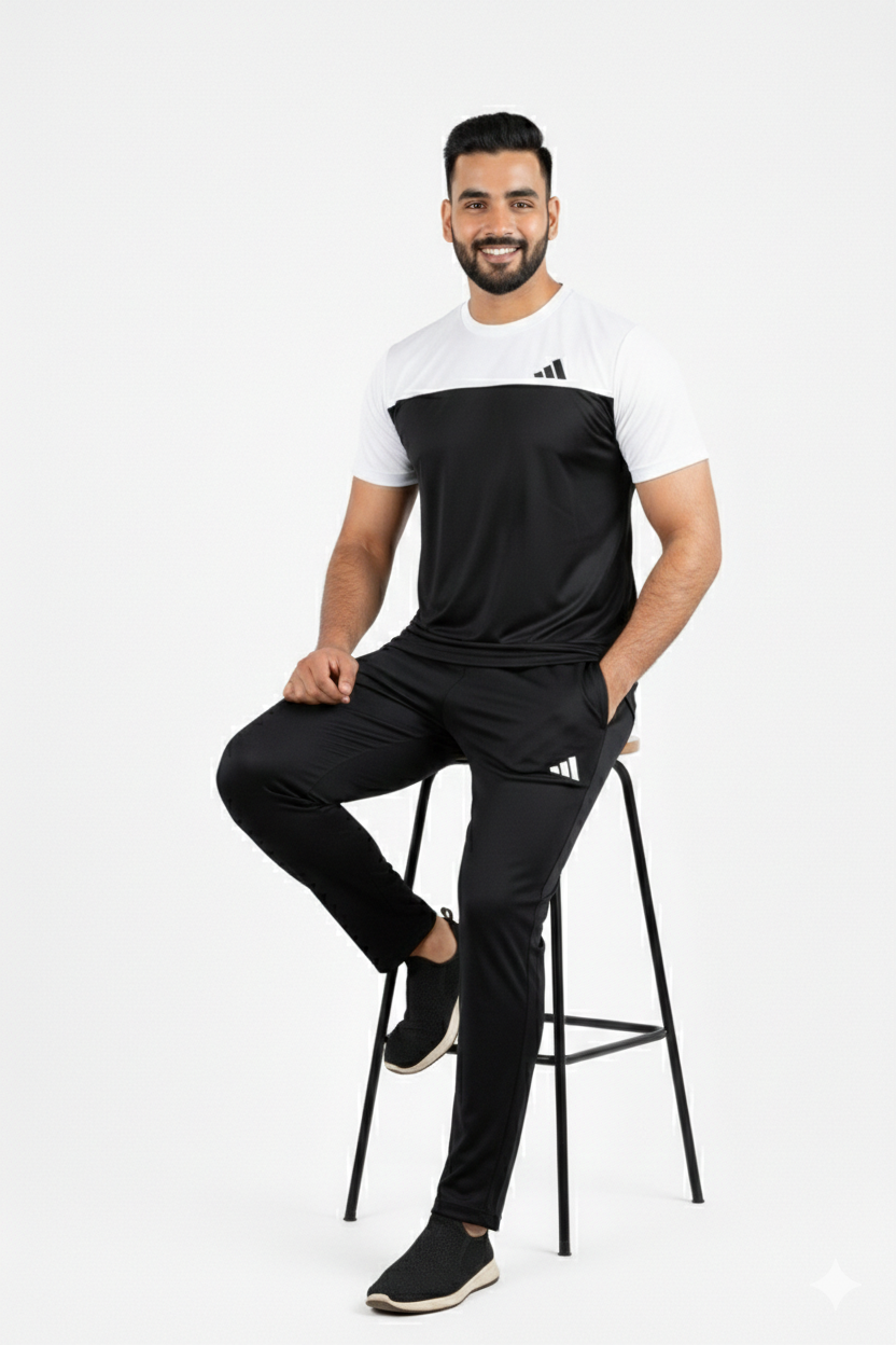 Adi Premium Black White Tracksuit + Free Arm Set - Summer