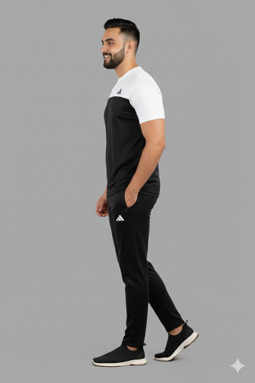 Adi Premium Black White Tracksuit + Free Arm Set - Summer