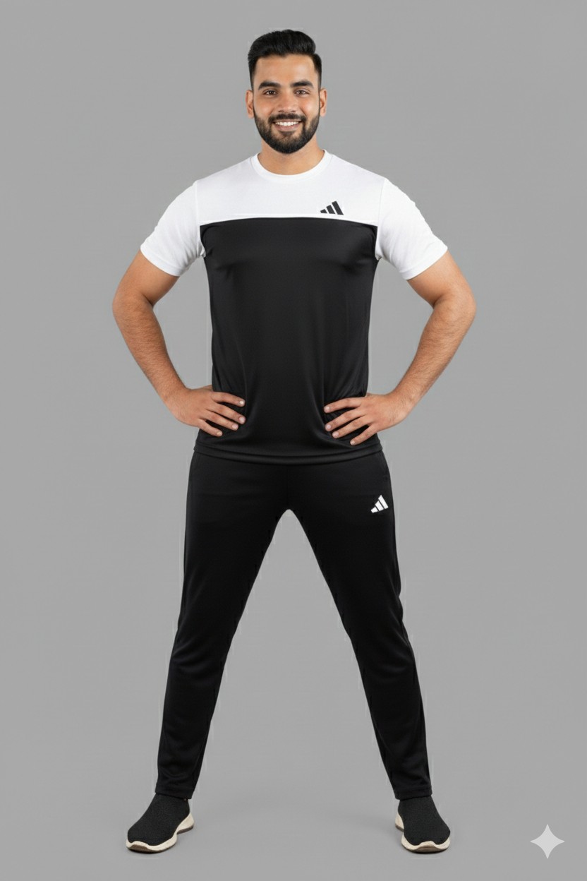 Adi Premium Black White Tracksuit + Free Arm Set - Summer