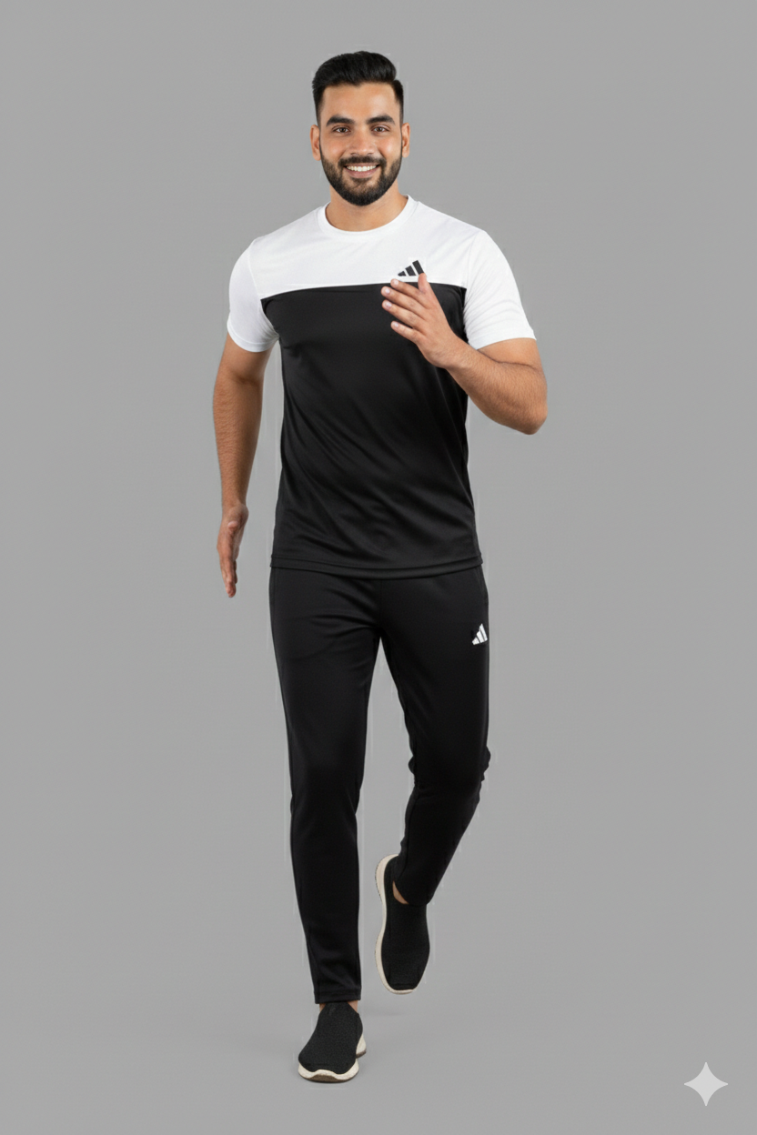 Adi Premium Black White Tracksuit + Free Arm Set - Summer