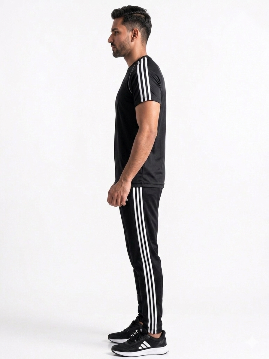 Adi Premium Black Tri-Liner Tracksuit + Free Arm Set - Summer
