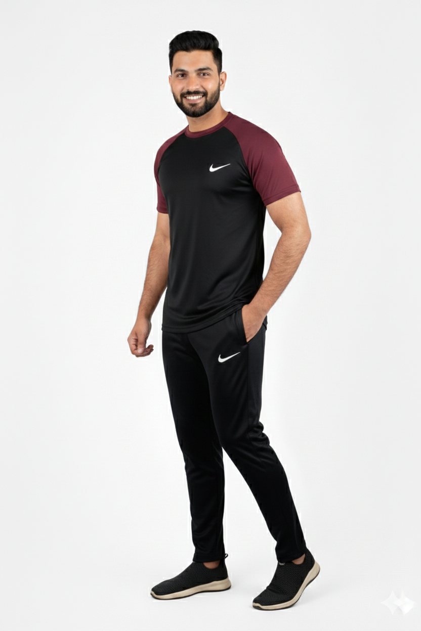 Nik Premium Black Meroon Tracksuit + Free Arm Set - Summer