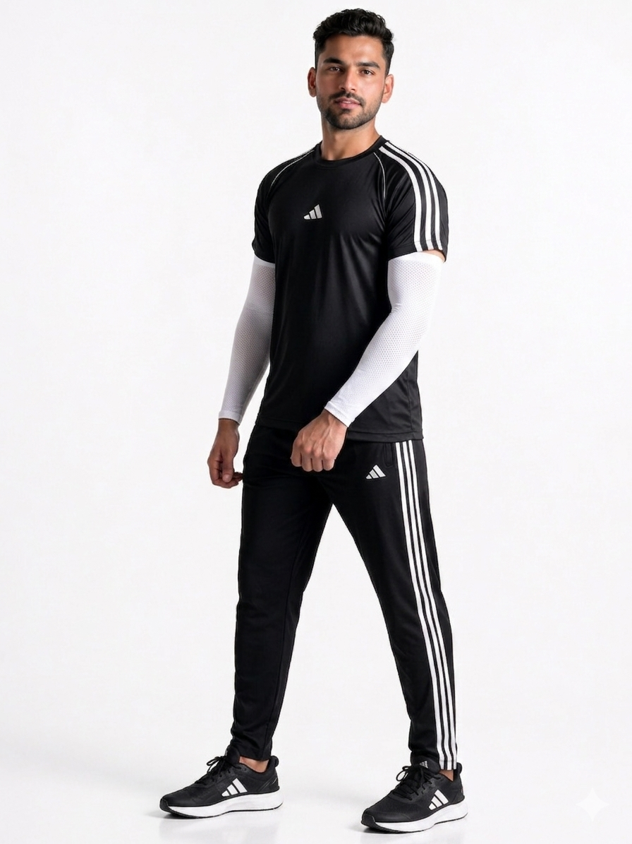 Adi Premium Black Tri-Liner Tracksuit + Free Arm Set - Summer