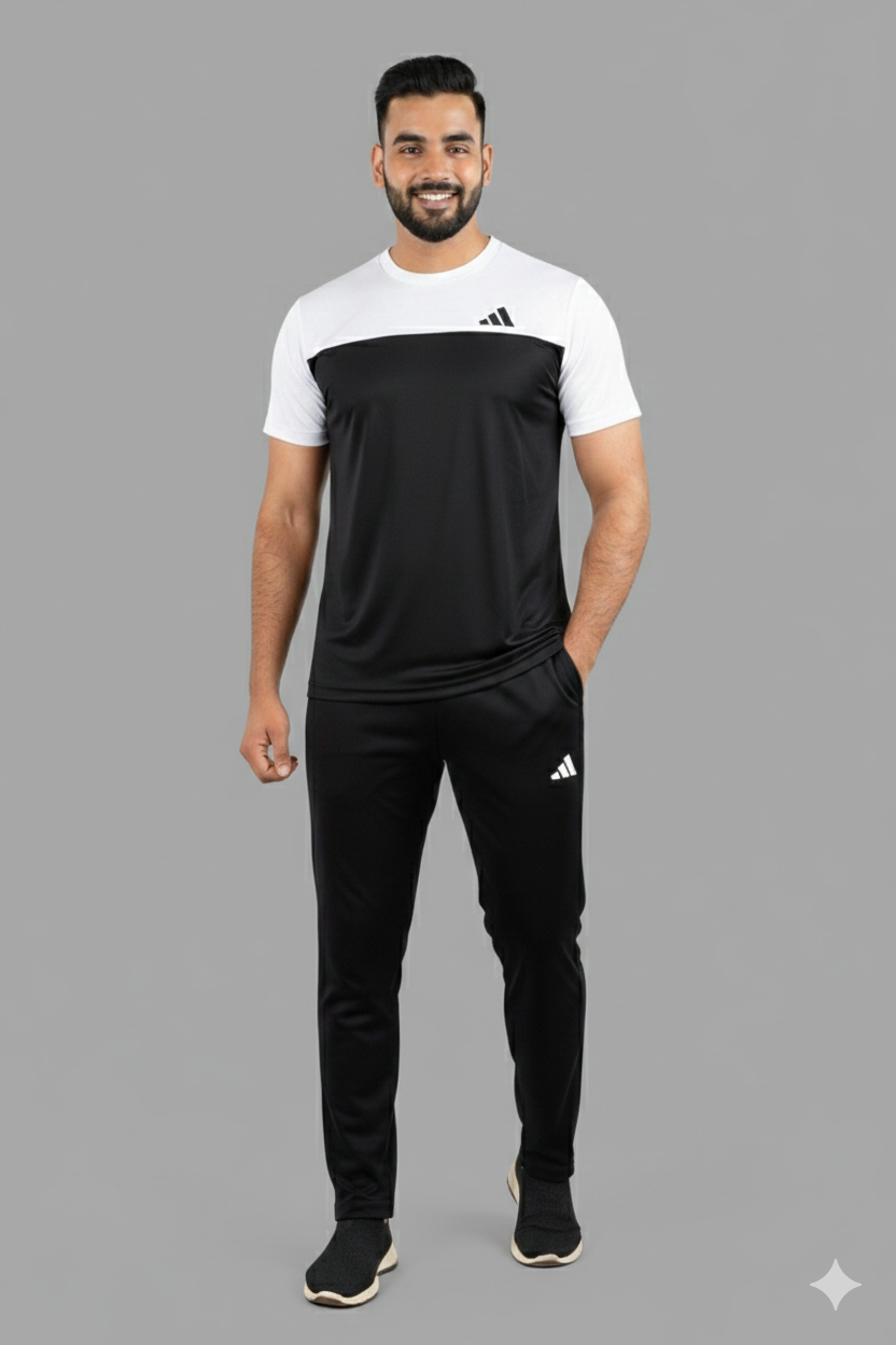 Adi Premium Black White Tracksuit + Free Arm Set - Summer