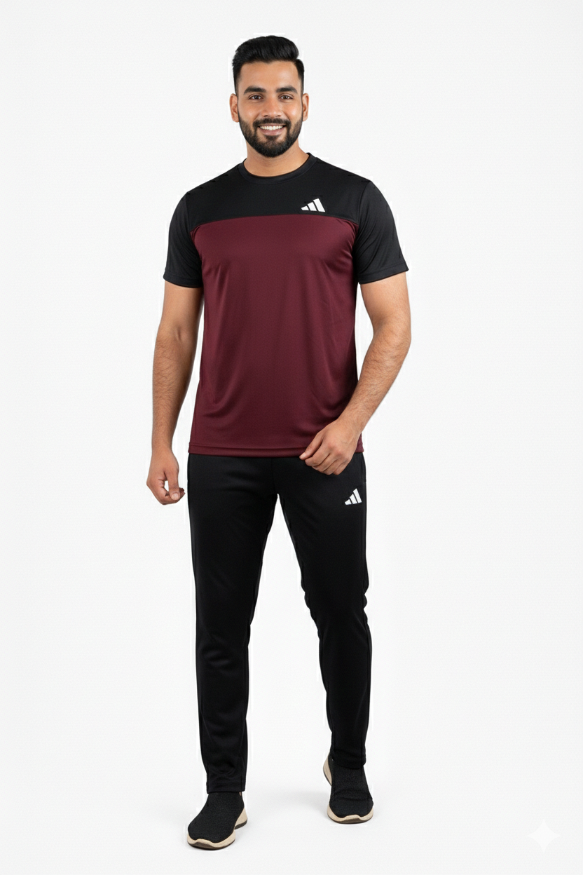 Adi Premium Maroon Black Tracksuit + Free Arm Set - Summer