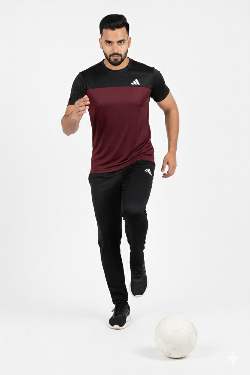 Adi Premium Maroon Black Tracksuit + Free Arm Set - Summer