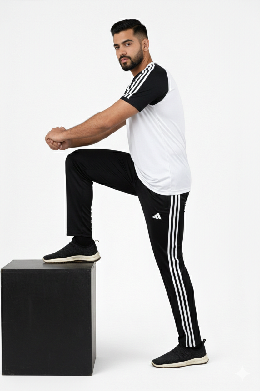 Adi Premium White Black Tracksuit + Free Arm Set - Summer