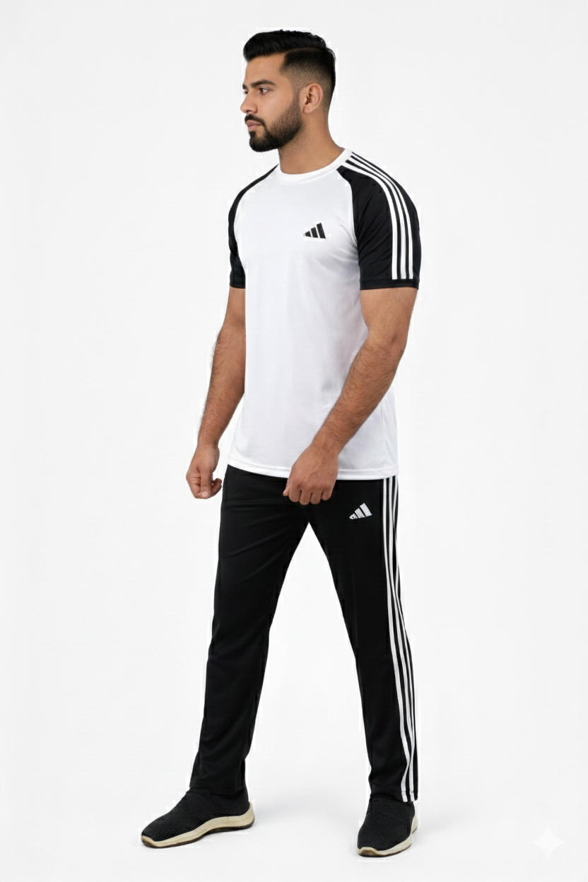 Adi Premium White Black Tracksuit + Free Arm Set - Summer