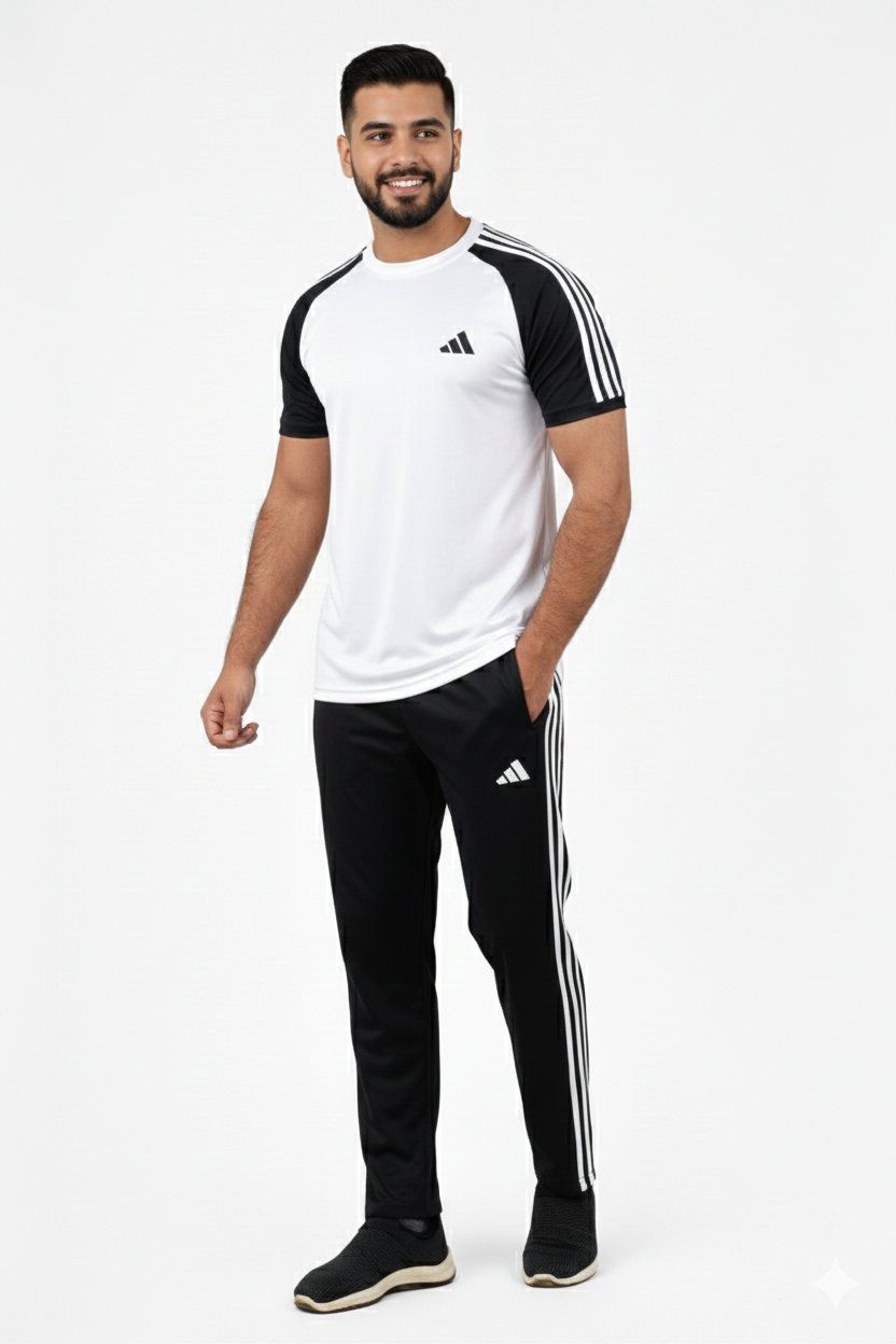 Adi Premium White Black Tracksuit + Free Arm Set - Summer
