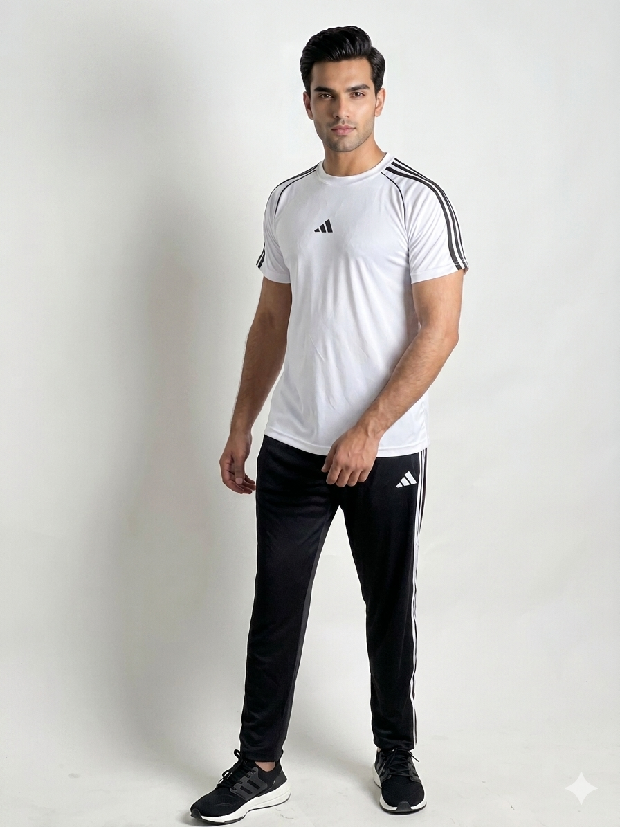 Adi Premium White Tri-Liner Tracksuit + Free Arm Set - Summer