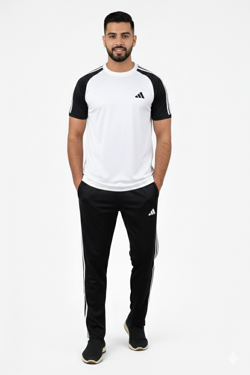 Adi Premium White Black Tracksuit + Free Arm Set - Summer