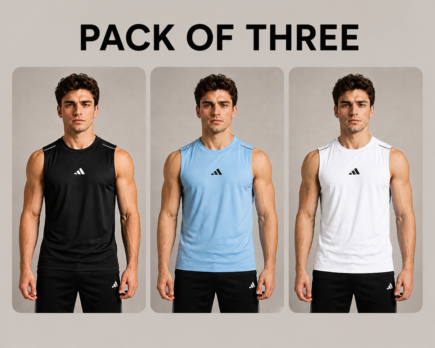 PACK OF 3 Adi Dri-Fit Sleeveless Shirt Sky White Black