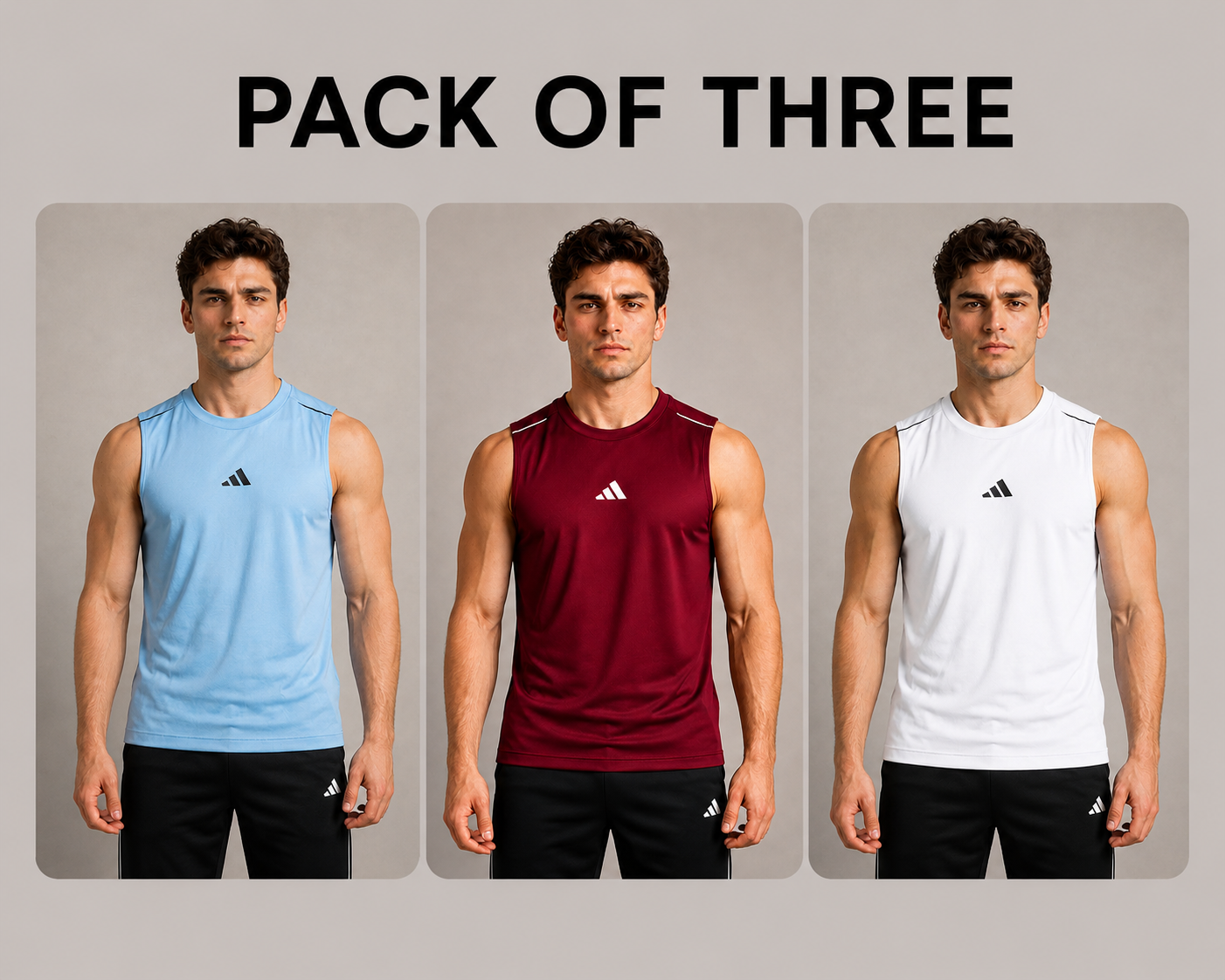 PACK OF 3 Adi Dri-Fit Sleeveless Shirt Sky White Maroon
