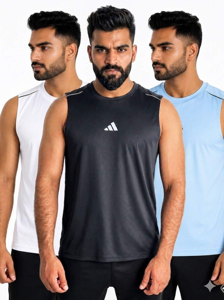 PACK OF 3 Adi Dri-Fit Sleeveless Shirt Sky White Black